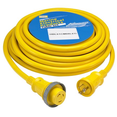 Hubbell Wiring Device-Kellems Marine Cord, 30A/125V, 50', Yellow, with LEDs HBL61CM08LED